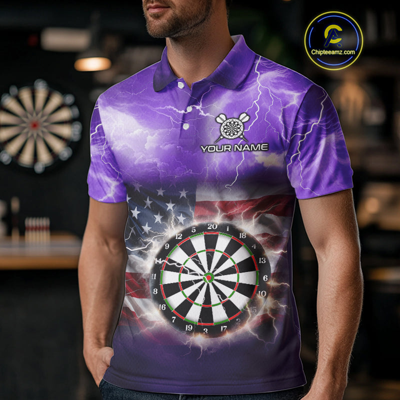 Purple American Flag Thunder Lightning Darts Shirt For Men Custom Darts Jersey Team Polo & 1/4 Zip TDM5269