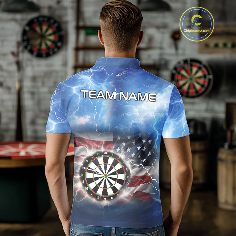Blue American Flag Thunder Lightning Darts Shirt For Men Custom Darts Jersey Team Polo & 1/4 Zip TDM5270