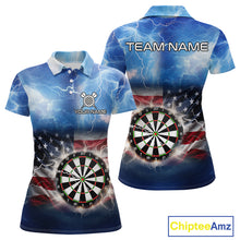 Load image into Gallery viewer, Blue American Flag Thunder Lightning Darts Shirt For Women Custom Darts Jersey Team Polo &amp; 1/4 Zip TDM5270