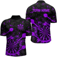 Load image into Gallery viewer, Black And Purple Grunge Darts Polo, Quarter Zip For Men Custom Dart Shirts For Team Dart Jerseys TDM3276