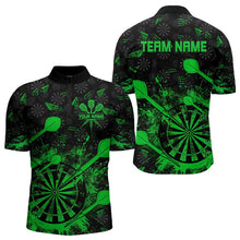 Load image into Gallery viewer, Black And Green Grunge Darts Polo, Quarter Zip For Men Custom Dart Shirts For Team Dart Jerseys TDM3464