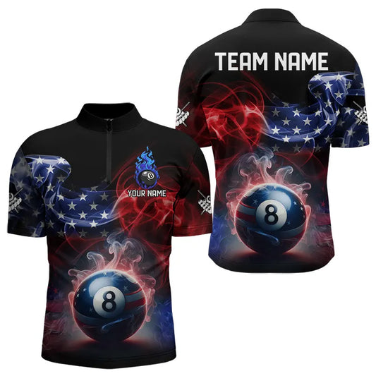Custom American Flag Smoke 8 Ball Pool Billiard Polo & 1/4 Zip For Men, Patriotic Billiard Jerseys TDM3470