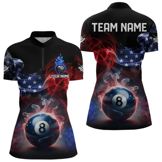 Custom American Flag Smoke 8 Ball Pool Billiard Polo & 1/4 Zip For Women, Patriotic Billiard Jerseys TDM3470
