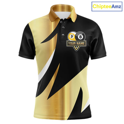 Personalized Billiard 8 Ball & 9 Ball Pool Polo, 1/4 Zip For Men Custom Team Billiard Jersey |Gold TDM6376