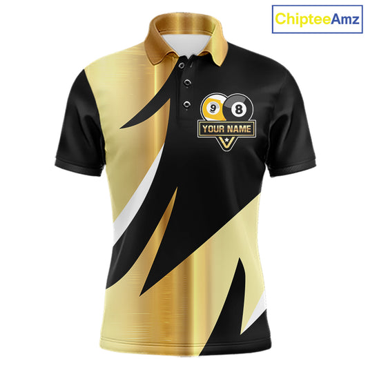 Personalized Billiard 8 Ball & 9 Ball Pool Polo, 1/4 Zip For Men Custom Team Billiard Jersey |Gold TDM6376