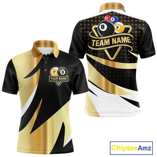 Personalized Billiard 8 Ball & 9 Ball Pool Polo, 1/4 Zip For Men Custom Team Billiard Jersey |Gold TDM6376