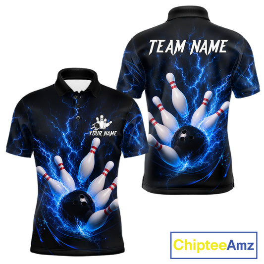 Personalized Blue Thunder Lightning Bowling Jersey For Men, Bowling League Shirts Polo & 1/4 Zip TDM6573