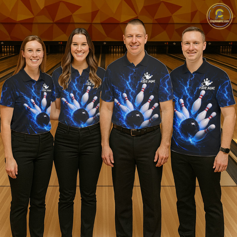 Personalized Blue Thunder Lightning Bowling Jersey For Men, Bowling League Shirts Polo & 1/4 Zip TDM6573
