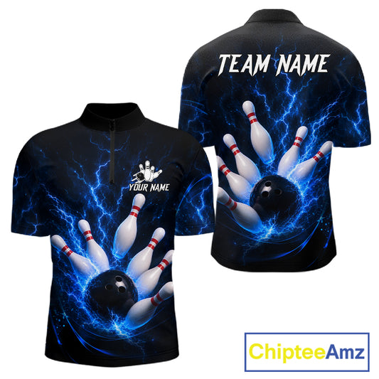 Personalized Blue Thunder Lightning Bowling Jersey For Men, Bowling League Shirts Polo & 1/4 Zip TDM6573