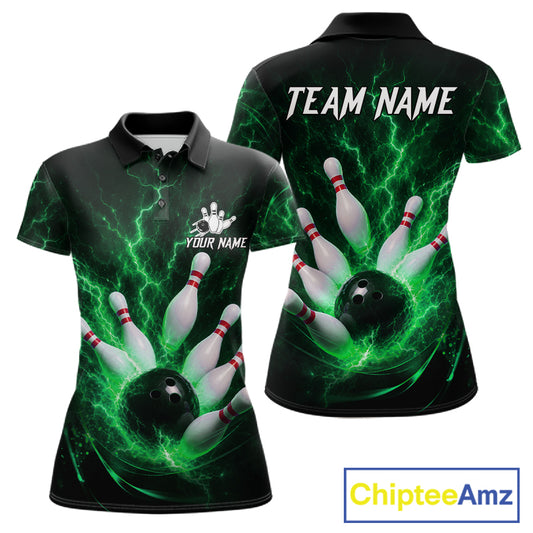 Personalized Green Thunder Lightning Bowling Jersey For Women, Bowling League Shirts Polo & 1/4 Zip TDM6575