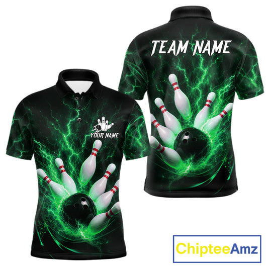Personalized Green Thunder Lightning Bowling Jersey For Men, Bowling League Shirts Polo & 1/4 Zip TDM6575