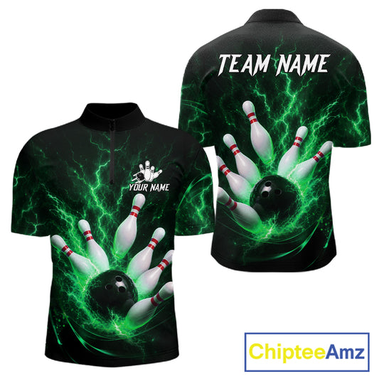 Personalized Green Thunder Lightning Bowling Jersey For Men, Bowling League Shirts Polo & 1/4 Zip TDM6575