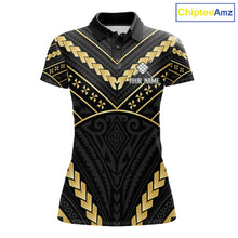 Load image into Gallery viewer, Black and gold 9 ball tribal billiard polo shirt for women with custom pool team graphics.
