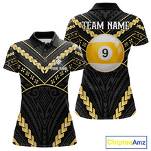 Load image into Gallery viewer, Black and gold 9 ball tribal billiard polo shirt for women with custom pool team graphics.