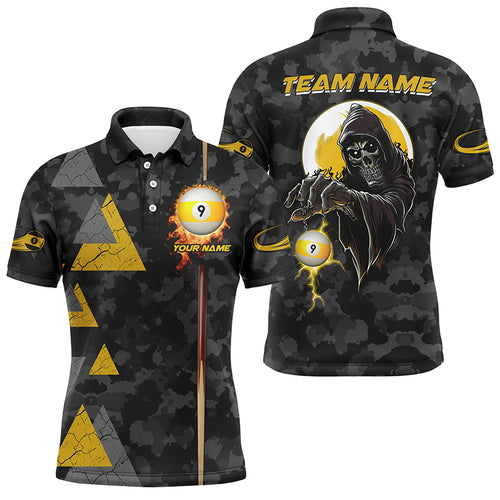 Funny Death Skeleton Ball 9 Fire Custom Camo Men Billiard Shirts, Best 9 Ball Pool Jerseys TDM2071