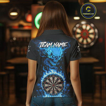 Blue Flaming Skull Darts Shirt For Women Custom Darts Jersey Team Polo & Quarter Zip TDM5054