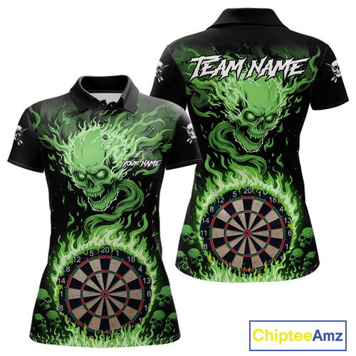 Green Flaming Skull Darts Shirt For Women Custom Darts Jersey Team Polo & Quarter Zip TDM5055