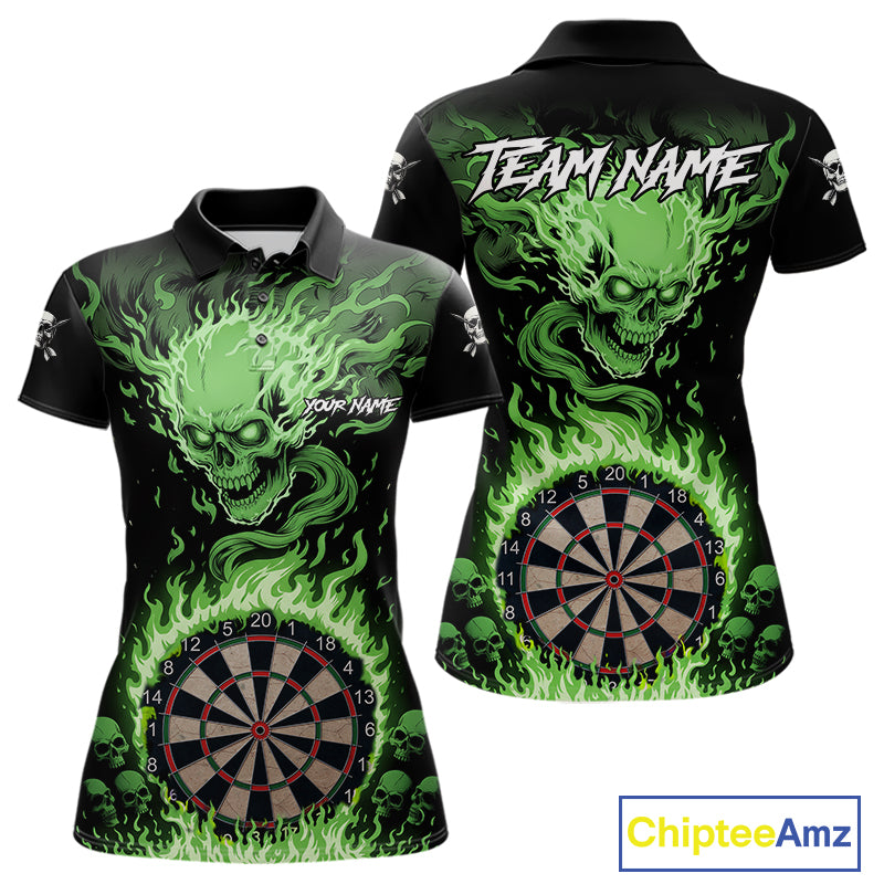 Green Flaming Skull Darts Shirt For Women Custom Darts Jersey Team Polo & Quarter Zip TDM5055