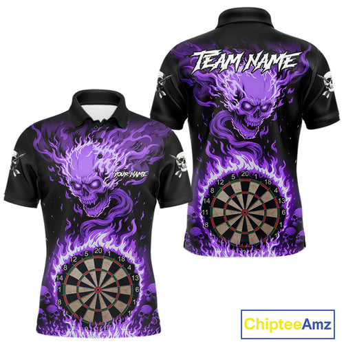 Purple Flaming Skull Darts Shirt For Men Custom Darts Jersey Team Polo & Quarter Zip TDM5056