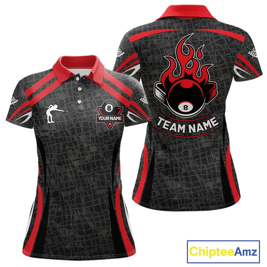 Black And Red 8 Ball Flame Billiard Shirt For Women Custom Pool Team Shirt, Billiard Jersey TDM5790