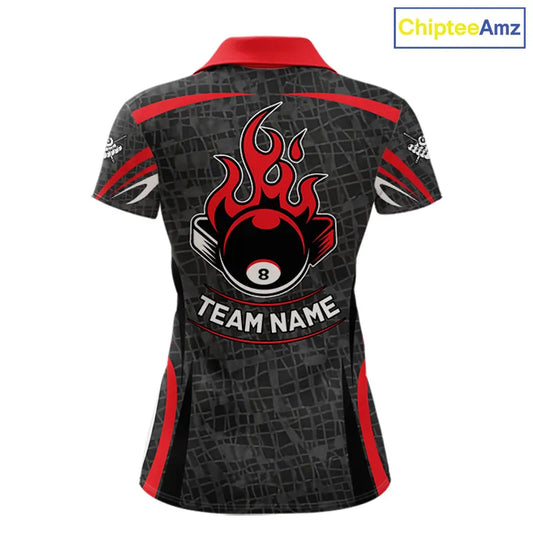 Black And Red 8 Ball Flame Billiard Shirt For Women Custom Pool Team Shirt, Billiard Jersey TDM5790