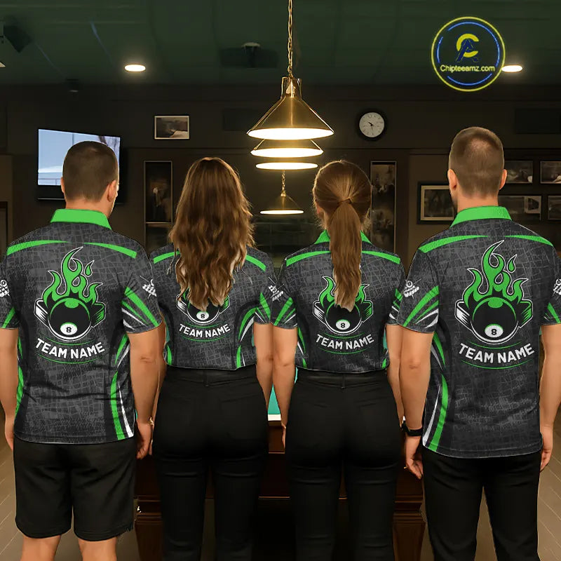 Black And Green 8 Ball Flame Billiard Shirt For Men Custom Pool Team Shirt, Billiard Jersey TDM5792