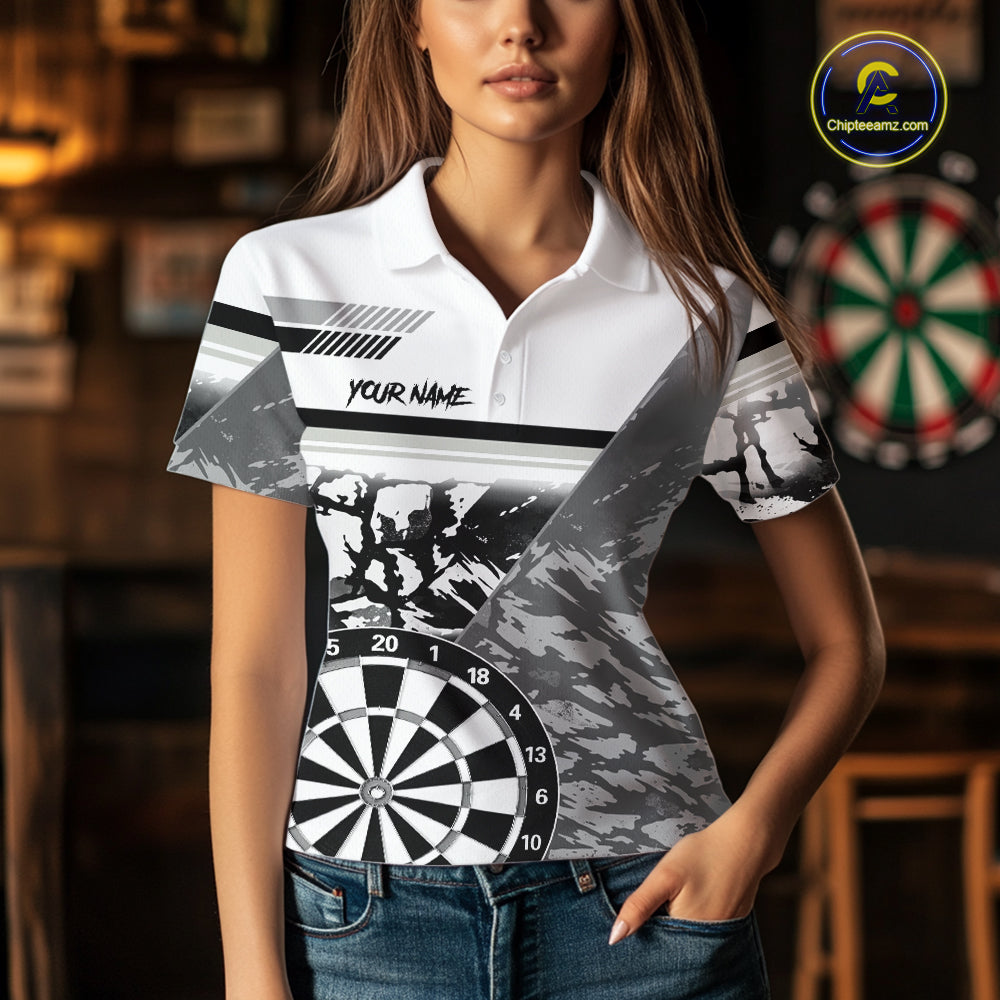 Custom Black And White Grunge Darts Shirt For Women, Darts Team Jersey Polo & 1/4 Zip TDM6143
