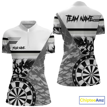 Custom Black And White Grunge Darts Shirt For Women, Darts Team Jersey Polo & 1/4 Zip TDM6143