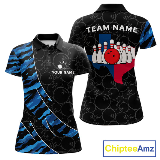 Texas Flag Blue Camo Bowling Shirt For Women Custom Patriotic Bowling Team Jersey Polo & 1/4 Zip TDM6387