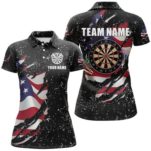 Grunge US Flag Dartboard Polo & Quarter-Zip Shirts For Women Custom Patriotic Darts Jerseys Attire TDM1664