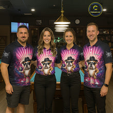 Load image into Gallery viewer, Pool team wearing matching pink graffiti bulldog 8 ball billiard jerseys during tournament competition front view.