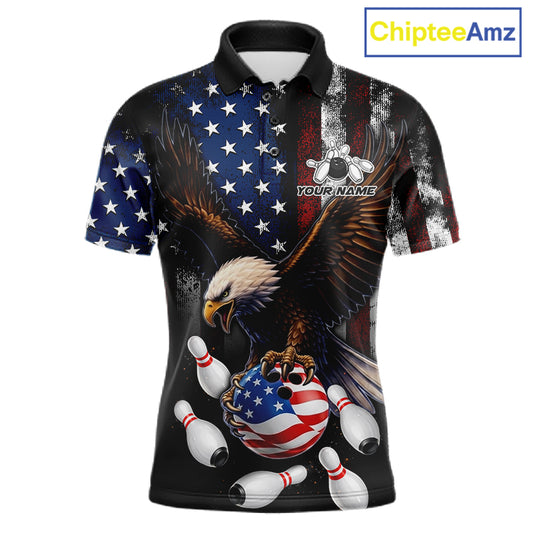 Personalized American flag eagle bowling team jersey polo shirt for men featuring a patriotic eagle and American flag design, premium custom bowling league apparel.