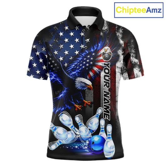 Custom blue eagle American flag bowling team jersey polo shirt for men featuring a patriotic eagle and American flag design, premium custom bowling team apparel.