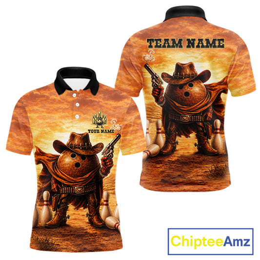 Personalized funny cowboy bowling ball bowling team jersey polo shirt for men featuring a funny cowboy bowling ball design, premium custom bowling team apparel and unique gift for bowlers.