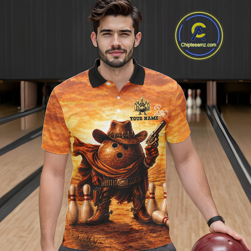 Man wearing personalized funny cowboy bowling ball bowling team jersey polo shirt featuring cowboy bowling ball artwork, front view.