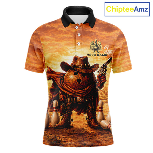 Personalized funny cowboy bowling ball bowling team jersey polo shirt for men featuring a funny cowboy bowling ball design, premium custom bowling team apparel and unique gift for bowlers.
