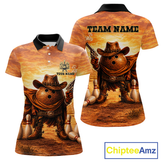 Personalized funny cowboy bowling ball bowling team jersey polo shirt for women featuring a funny cowboy bowling ball design, premium custom bowling team apparel and unique gift for bowlers.