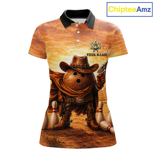 Personalized funny cowboy bowling ball bowling team jersey polo shirt for women featuring a funny cowboy bowling ball design, premium custom bowling team apparel and unique gift for bowlers.