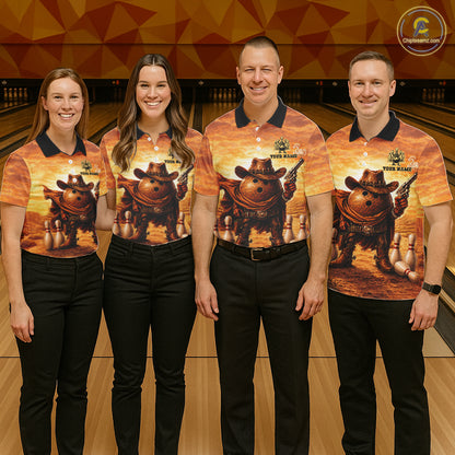 Bowling team wearing matching personalized funny cowboy bowling ball bowling team jerseys, front view.