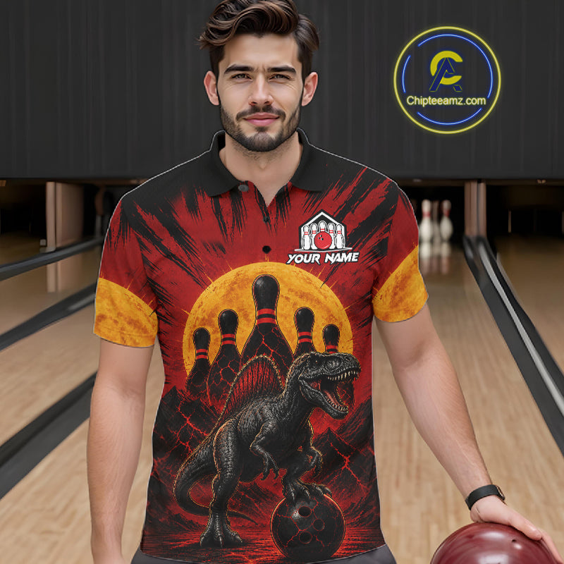 Man wearing personalized black and red dinosaur bowling team jersey polo shirt featuring dinosaur artwork, front view.