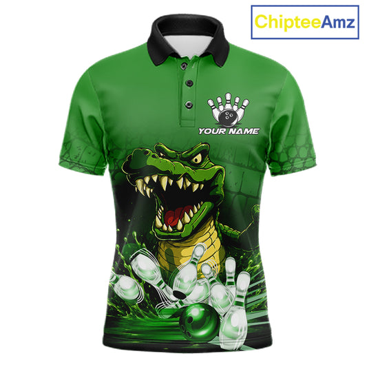 Personalized green funny alligator bowling team jersey polo shirt for men featuring a funny alligator bowling design, premium custom bowling team apparel and gift for bowlers.
