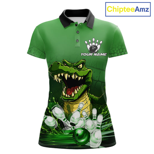 Personalized green funny alligator bowling team jersey polo shirt for women featuring a funny alligator bowling design, premium custom bowling team apparel and gift for bowlers.
