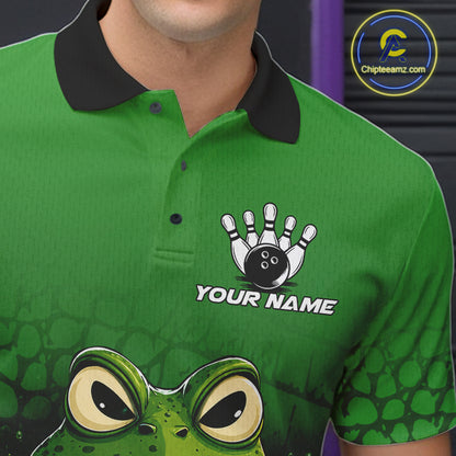 Close-up of personalized green funny frog bowling team jersey polo shirt featuring collar, buttons and funny frog artwork.