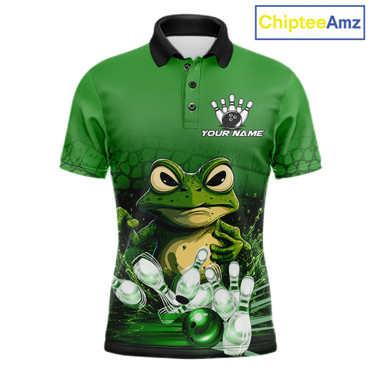 Personalized green funny frog bowling team jersey polo shirt for men featuring a funny frog bowling design, premium custom bowling team apparel and unique gift for bowlers.
