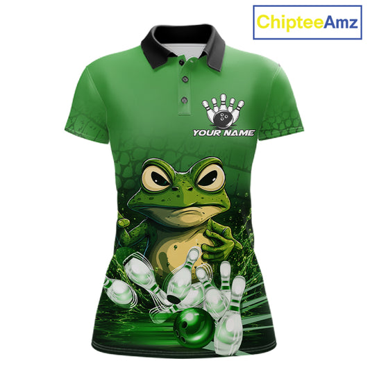 Personalized green funny frog bowling team jersey polo shirt for women featuring a funny frog bowling design, premium custom bowling team apparel and unique gift for bowlers.