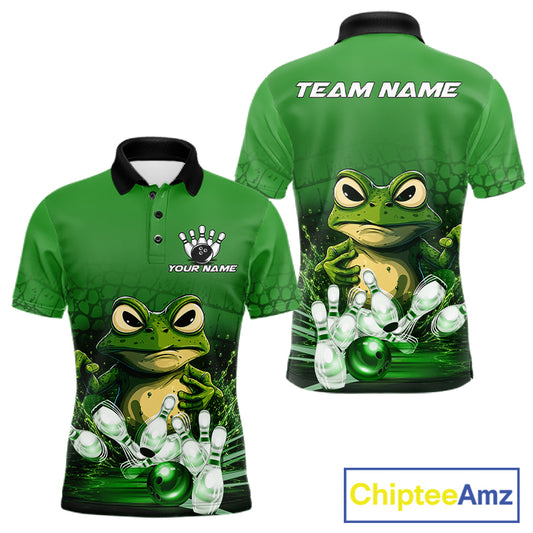 Personalized green funny frog bowling team jersey polo shirt for men featuring a funny frog bowling design, premium custom bowling team apparel and unique gift for bowlers.