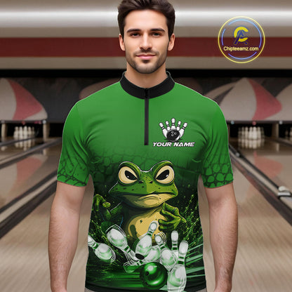 Man wearing personalized green funny frog bowling team jersey quarter zip shirt featuring funny frog artwork, front view.