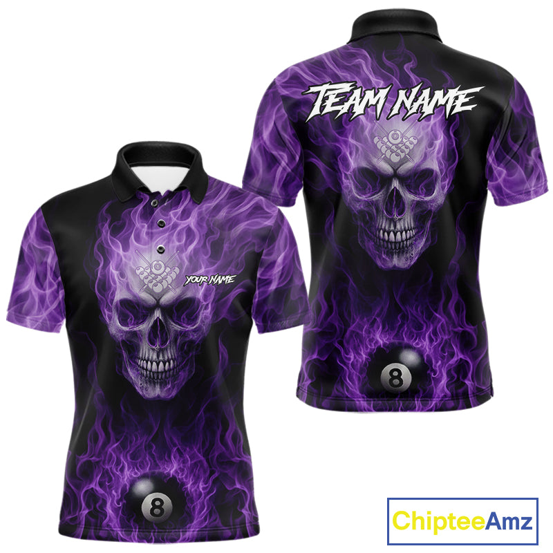 Purple Flaming Skull 8 Ball Fire Billiard Shirt For Men Custom Billiard Team Jersey Polo & 1/4 Zip TDM5062