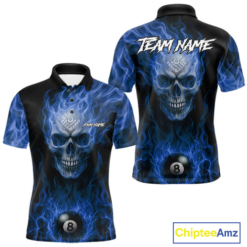 Blue Flaming Skull 8 Ball Fire Billiard Shirt For Men Custom Billiard Team Jersey Polo & 1/4 Zip TDM5063