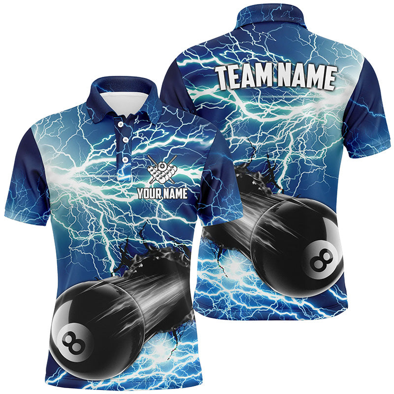 Funny 8 Ball Pool Rush Out Custom Thunder Lightning Blue Men Polo Shirts, Best Billiard Team Shirts TDM0966